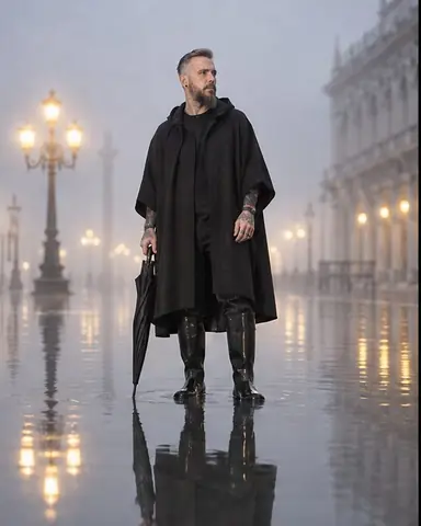 A bearded man in a black cape-coat stands in floodwater, his mirror reflection below and fog behind in Venice