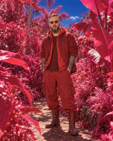 A bearded man in a red-rendered outfit stands on a path between giant magenta banana leaves under a cobalt sky