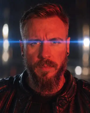 Head and shoulders of a bearded man lit red, a thin blue horizontal flare crossing the frame exactly at eye level