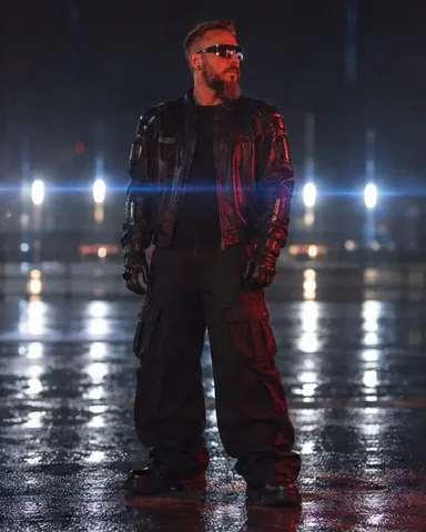 Profile of a bearded man in mirrored shield sunglasses, a blue anamorphic streak reflected in the lenses