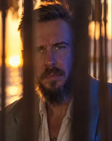 A bearded man's face in a gap between soft bamboo slats, golden light on one side and blue on the other