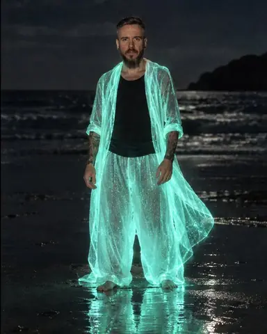 A man in a glowing cyan-green gauze coat stands on wet sand at night, his reflection shining on the beach