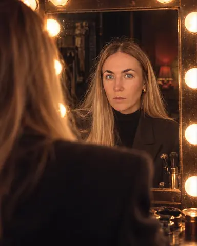 Over a dark soft shoulder, a woman with long blond hair looks back from a bulb-lit dressing-room mirror into the lens