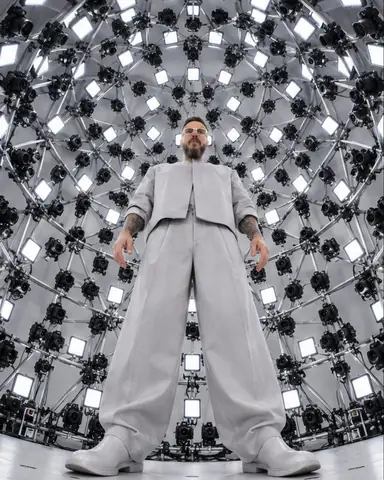 Fisheye view from the floor of a man at the center of a dome, hundreds of cameras on the curved lattice above