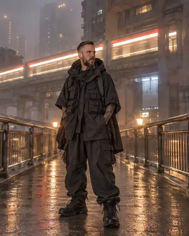 A bearded man stands on a footbridge in fog while a monorail light streak passes through a building behind him