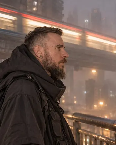 Profile of a bearded man in a cape-parka as a bright train light streak crosses the frame at head height
