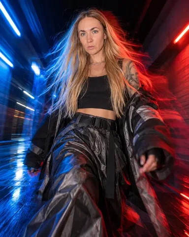 A woman with long blond hair walks toward the camera in a black crop top and metallic trousers, colored trails behind.