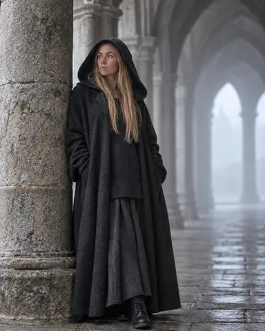 A woman with long blond hair in a hooded graphite cloak stands by a stone column, cloister arches fading into fog behind