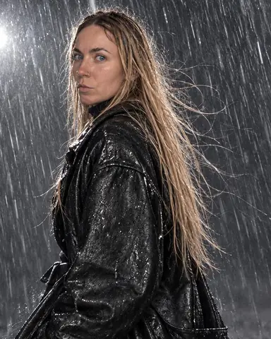 A woman with long blond hair turns back into a gust, leather collar flattened, rain streaking across empty gray space