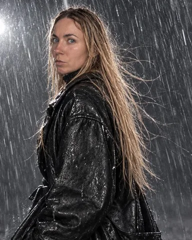 A woman with long blond hair turns back into a gust, leather collar flattened, rain streaking across empty gray space