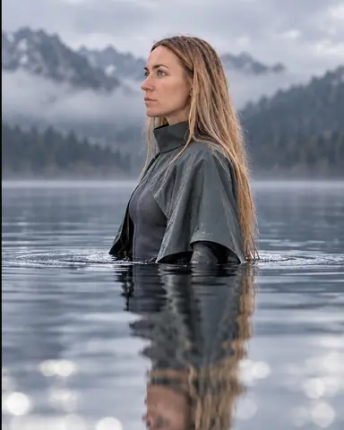 A woman with long blond hair stands waist-deep in a still lake in profile, gray-green cape falling, her reflection below