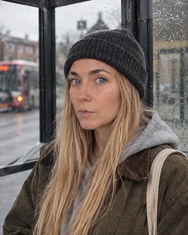 Waist-up at a bus shelter, a woman with long blond hair in a charcoal beanie and gray hoodie looks briefly into the lens