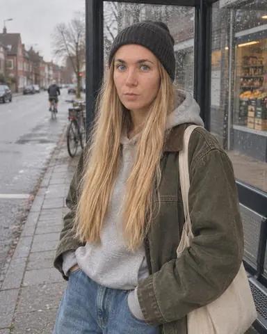 A woman with long blond hair stands at a bus shelter, wearing a beanie, gray hoodie, and green jacket, looking toward the camera.