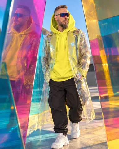 A bearded man with light brown hair in a yellow hoodie, clear PVC coat, and sunglasses stands between colored panels in bright sunlight.