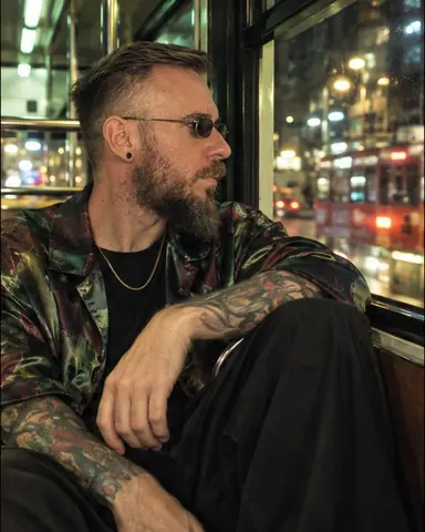 A man sits by a tram window with knees up, his satin print shirt-jacket glowing green under fluorescent light