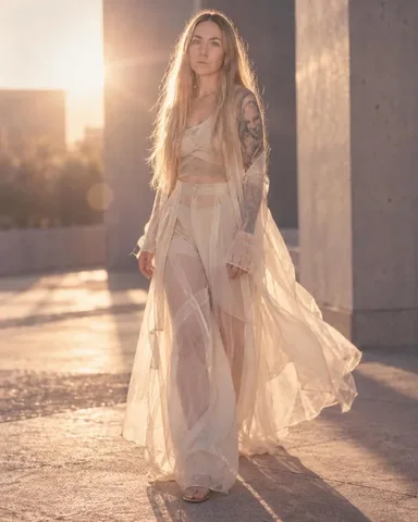 A woman with long blond hair in a sheer pink fabric look, sun flare crossing the frame