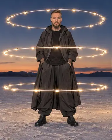 A man in a graphite robe-coat stands on salt flats at dusk, three rings of light circling at knee, waist and head