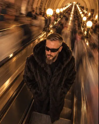 From above, a bearded man in a black fur coat stands sharp on a metro escalator, riders streaking, lamps in a line