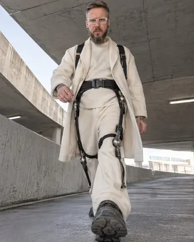 Shot from the floor, a bearded man strides toward the lens in a carbon exoskeleton over cream trousers