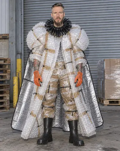 A bearded man in a huge bubble-wrap cocoon coat stands frontally before a corrugated metal shutter