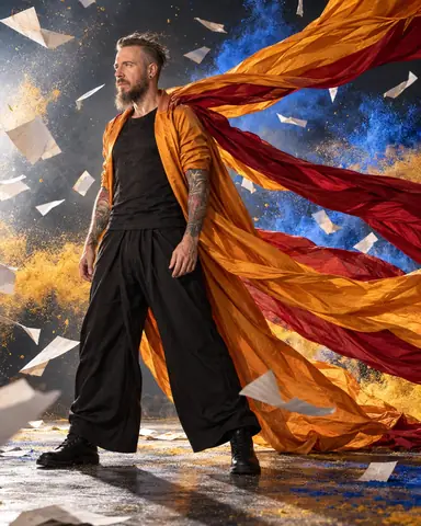 A bearded man leans into the wind as saffron silk trains stream three meters behind him across the frame