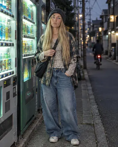 A woman with long blond hair stands by a row of lit vending machines, hand on her crossbody strap, plaid washed soft green