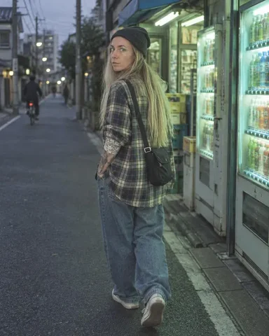 A bearded man in a beanie leans in to look at drinks in a glowing vending machine, street lights in the background.