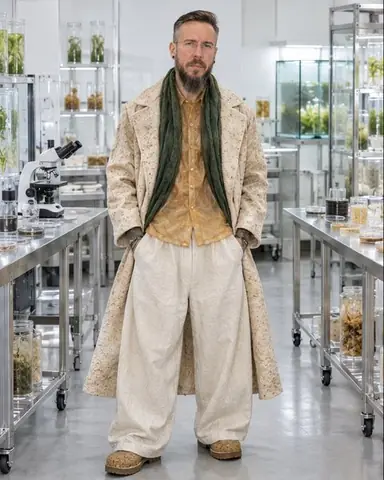 A bearded man in a long matte beige mycelium coat stands among steel lab tables and glass culture tanks