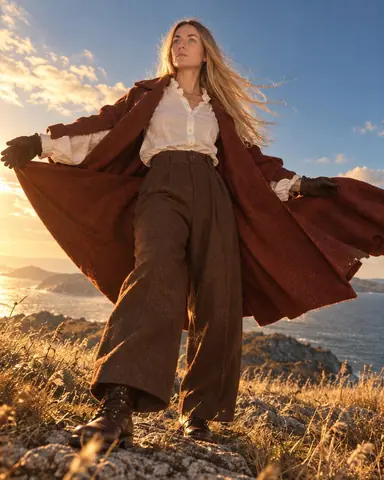 Low angle on a woman with long blond hair flinging her terracotta coat open in the wind like a sail, chin up, sky behind
