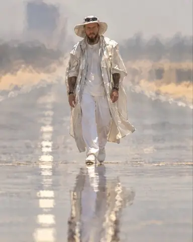 A man in a silver-white coat walks down an empty hot road, his figure rippling above a mirage reflection