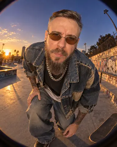 A bearded man leans into a fisheye lens inches away, face in the center, curved buildings bending behind him