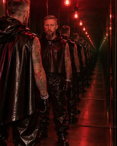 Full-length bearded man in a black leather hooded cape between mirrors, front and back copies repeating to infinity