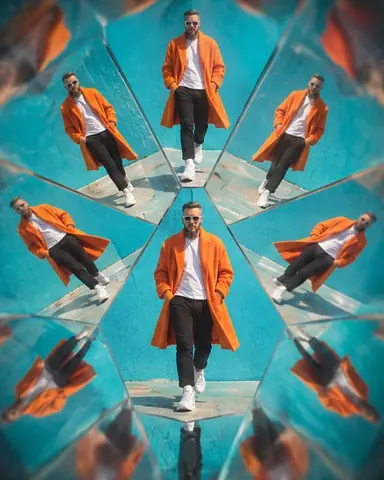 A man in an electric orange coat walking, repeated by mirrors into a ring of figures on turquoise