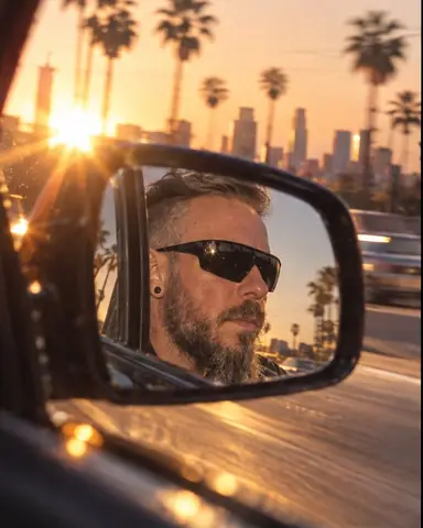 A bearded man's face in a car side mirror, palm trees streaking behind and the setting sun flaring into the lens