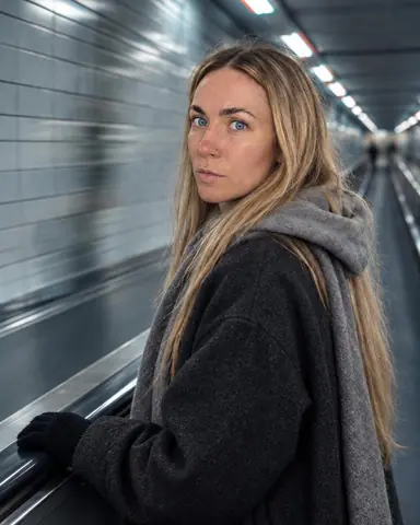 A woman with long blond hair rides a moving walkway, hand on the rubber rail, turning back over her shoulder as tiles streak