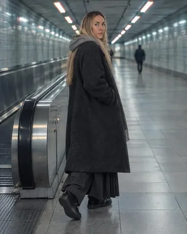 A woman with long blond hair rides a moving walkway, hand on the rubber rail, turning back over her shoulder as tiles streak