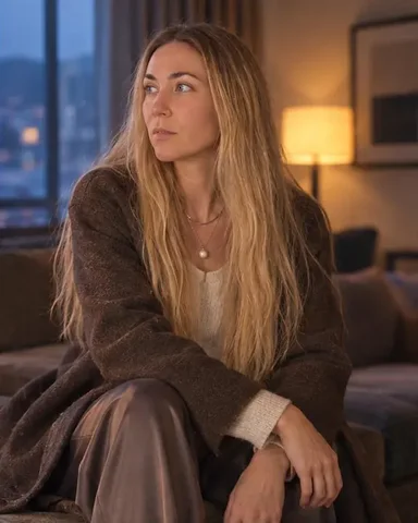 A woman with long blond hair reclines on a deep sofa, coffee jacket open, warm lamp on one cheek, blue window on the other