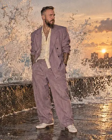 A bearded man in a lilac suit stands on the Havana seawall as a wave explodes behind him, spray frozen by flash