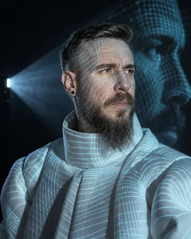 Head and shoulders of a bearded man with dense cyan contour lines projected across his face and white collar