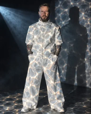 A man in a white sculptural outfit covered in projected water caustics, the projector beam visible in haze