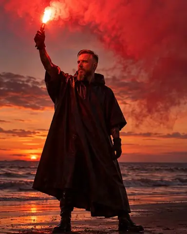 A bearded man in a black rubber cape holding a marine flare high, red smoke billowing, sunset behind
