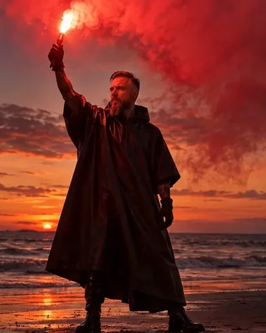 Close-up of a bearded man's face half lit red by a flare and half in darkness at dusk on the shore