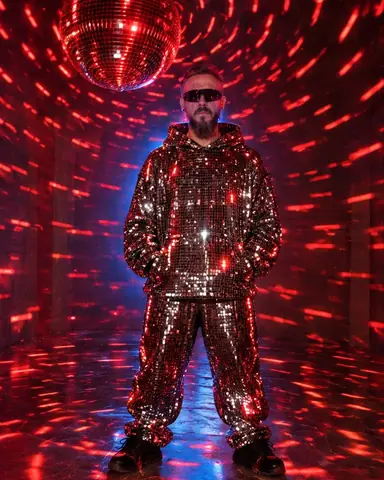 Full-length bearded man in a mirror-tiled tracksuit as red arcs of light spiral around the dark room