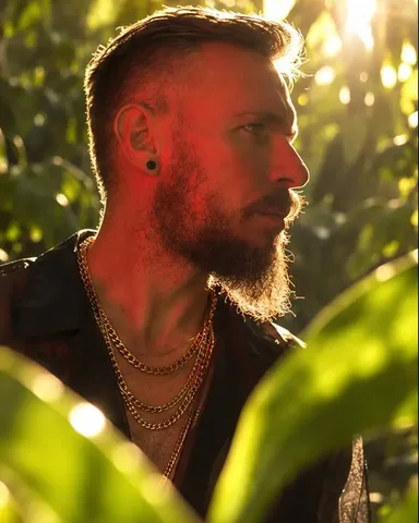 A bearded man's face seen through slits in a glowing monstera leaf, red flash light on one cheek