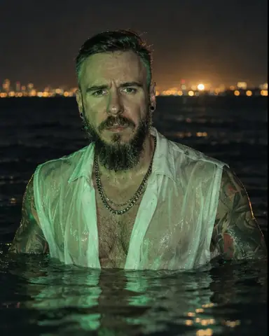 A bearded man waist-deep in a dark sea at night, green ring flash on wet skin, city lights blurred behind