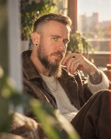 Close backlit portrait of a bearded man at a window, face three-quarters, plant leaves swirling into bokeh behind