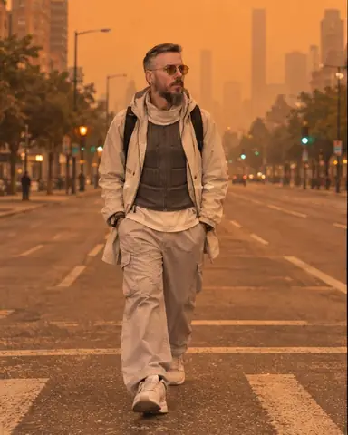 A bearded man in an off-white hooded coat crosses an empty avenue, the city fading into orange smoky haze