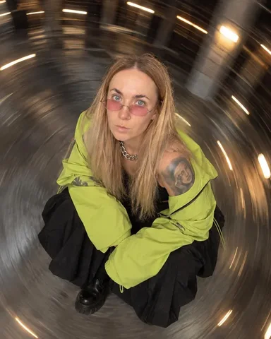 A woman with long blond hair crouches in a lime green jacket and black skirt, surrounded by spinning warehouse lights.