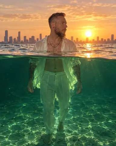 A bearded man chest-deep in the sea at sunset, face backlit above the waterline, his shirt glowing green below