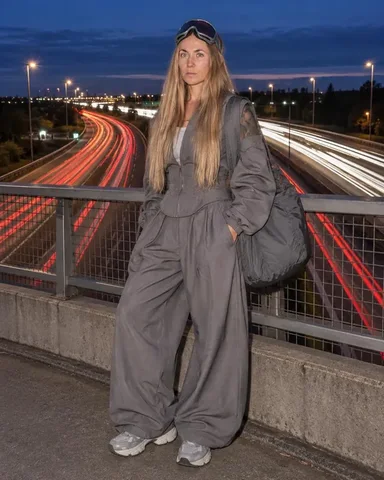 A bearded man with light brown hair sits on a concrete ledge of an overpass, city lights and traffic behind him.